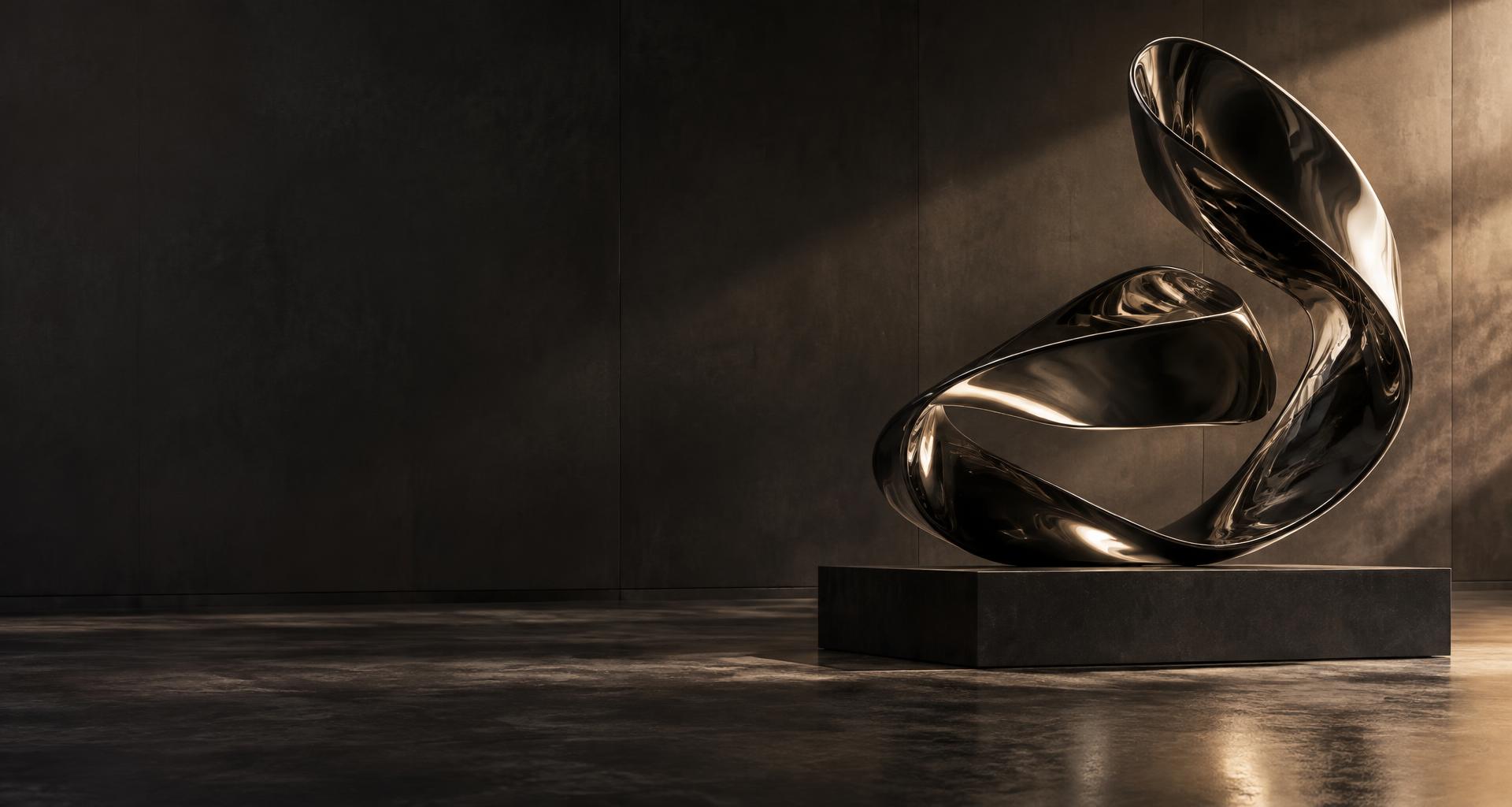 Sculptural black chrome ribbon in an architectural studio